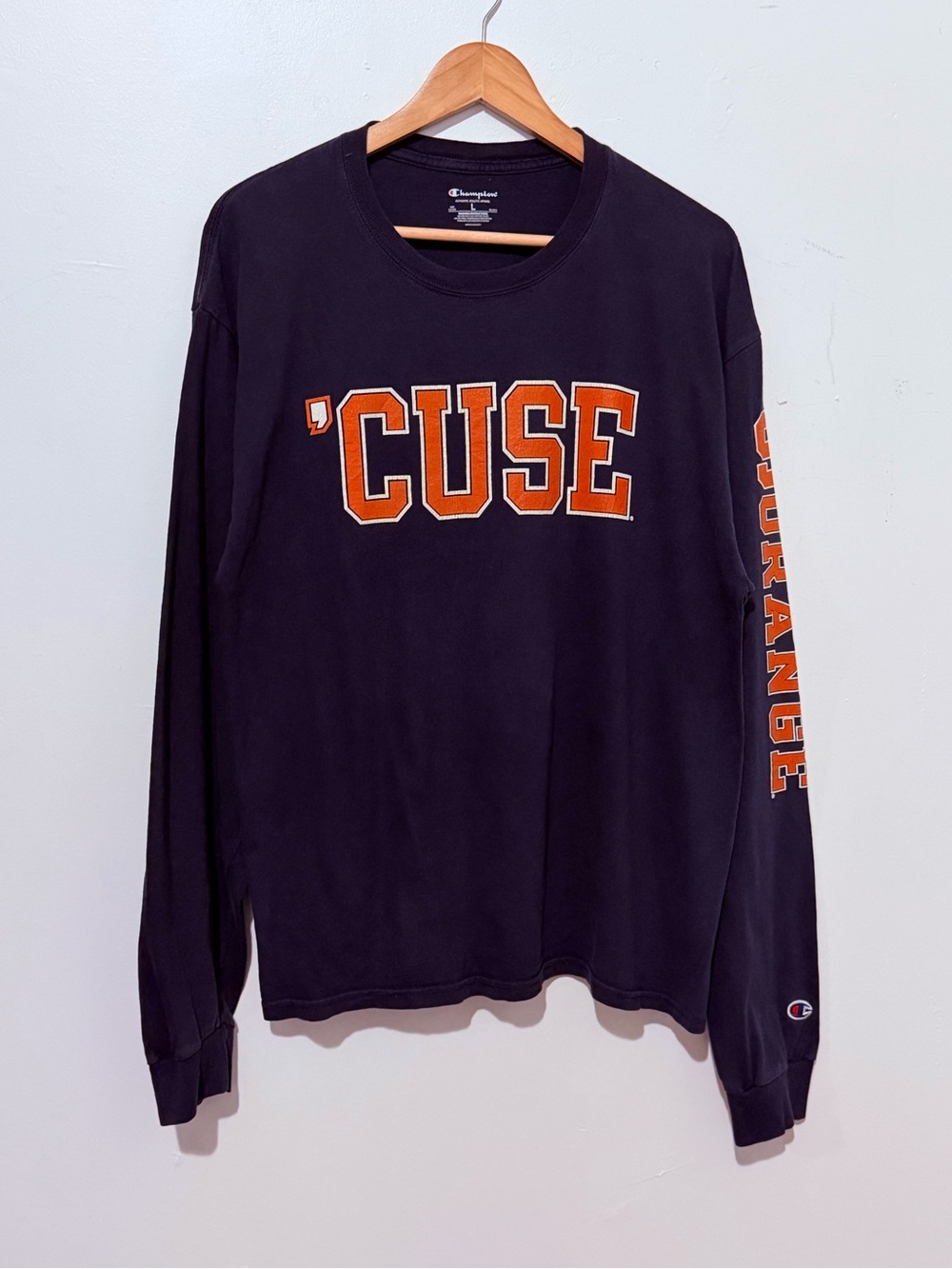 Champion Navy Crewneck with Orange 'CUSE Chest and Sleeve Text
